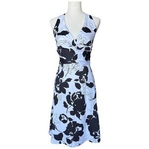 White House Black Market White Black Floral Cotton Halter Cocktail Dress Size 0
